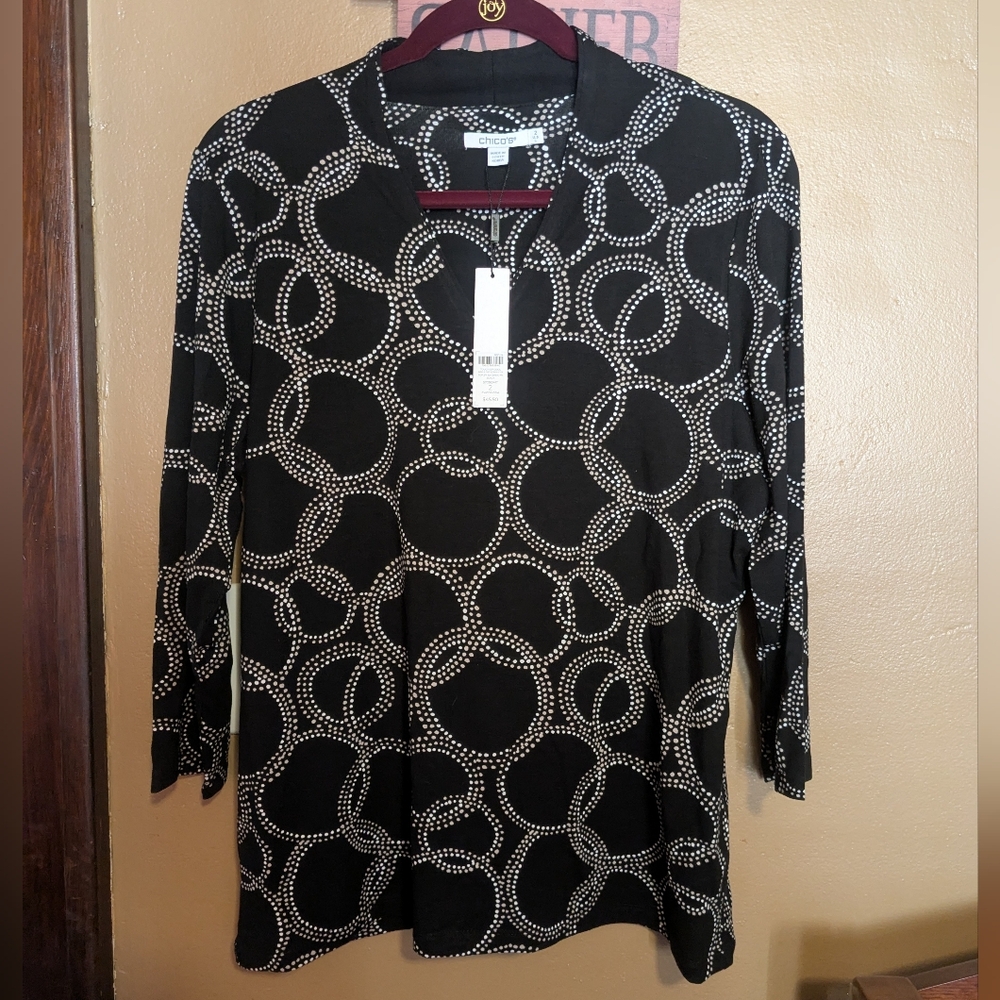 Chico's Black and White  Cream Patterned Blouse 3/4 Sleeves Women's Large